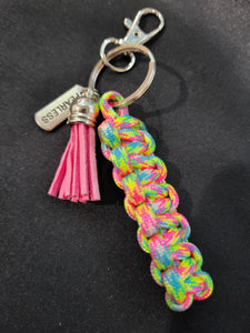 Paracord Key Chain- Neon Rainbow Pink Tassel With Fearless Charms