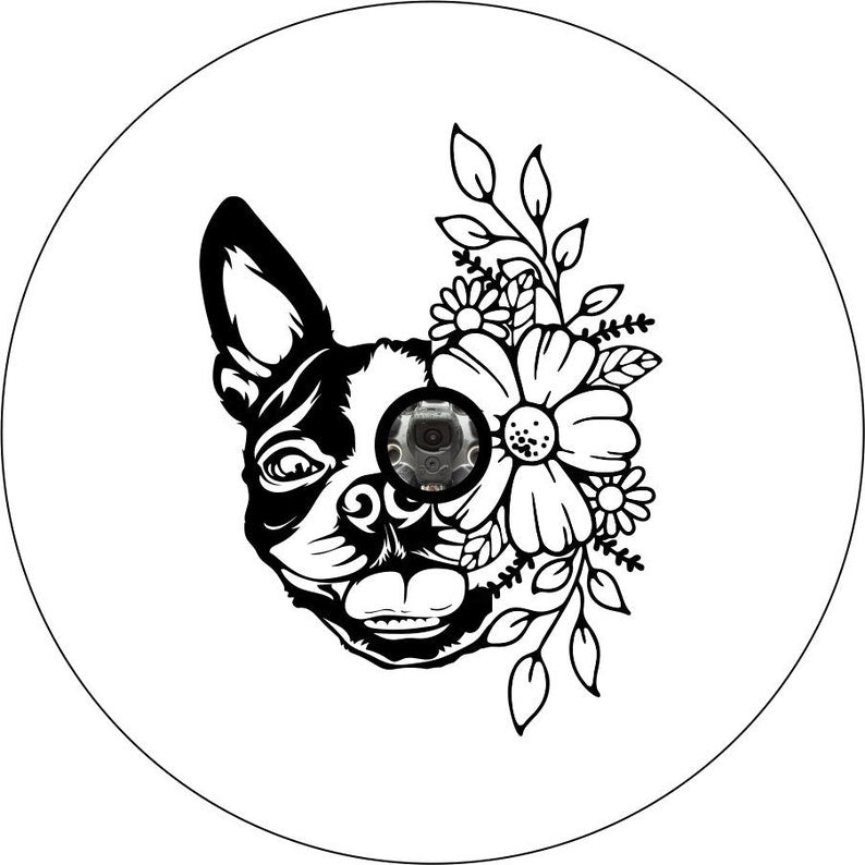 Boston Terrier with Flowers (any color) Spare Tire Cover for any Vehicle,  Make, Model and Size