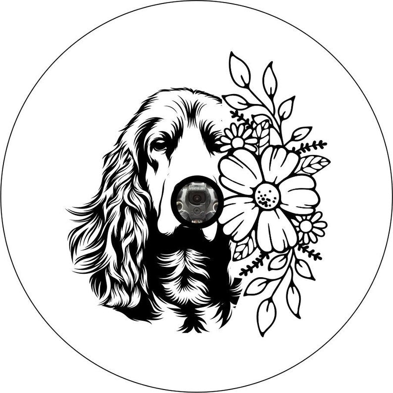 English Cocker Spaniel With Flowers Black Spare Tire Cover for Gladiator, Wrangler, Jt, Jl, Jlu, Jk, Jku, good Tj, Lj, Cj, Yj, Rv, etc.