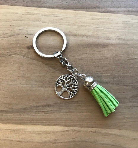 Tassel Key Chain with Charms- Lime Green with Tree Charm