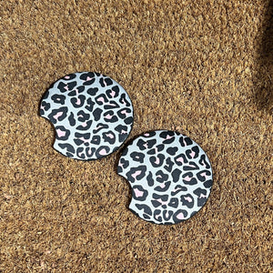 Gray and Pink Leopard Print Car Coasters