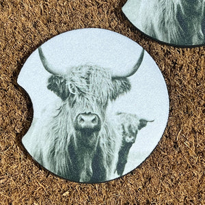 Hghland Cow Black and White Car Coasters