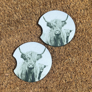 Hghland Cow Black and White Car Coasters