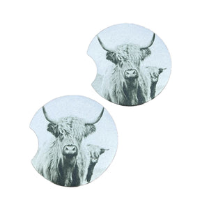 Hghland Cow Black and White Car Coasters