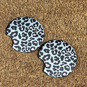 Gray and Pink Leopard Print Car Coasters