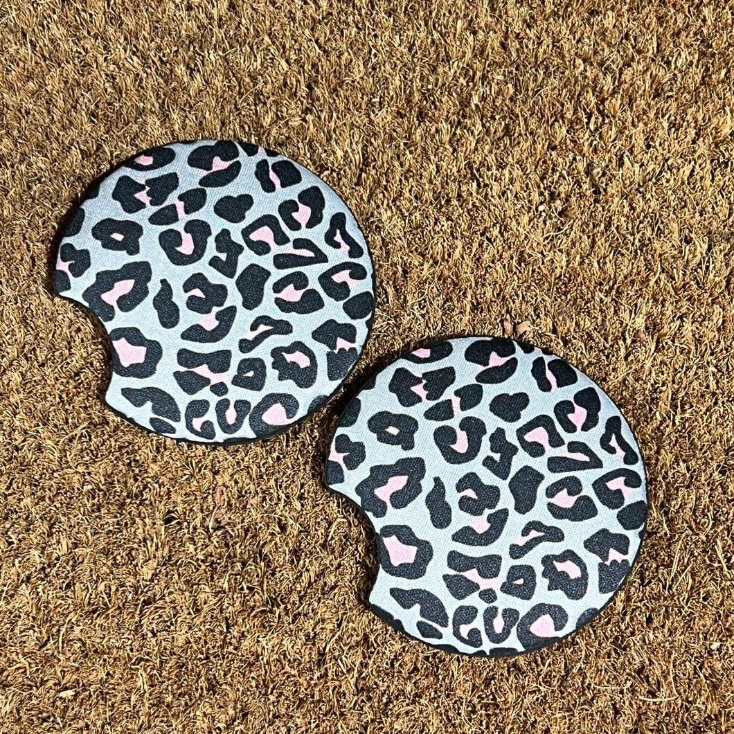 Gray and Pink Leopard Print Car Coasters