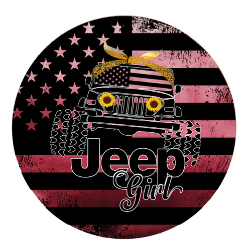 Ombre Pink Jeep Girl Sunflower & American Flag Spare Tire Cover