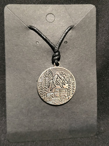 Mountain Scene 4x4 Silver Necklace On Black braided Rope