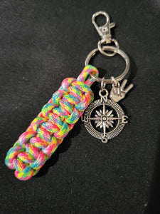 Paracord Key Chain- Neon Rainbow with Compass Charms