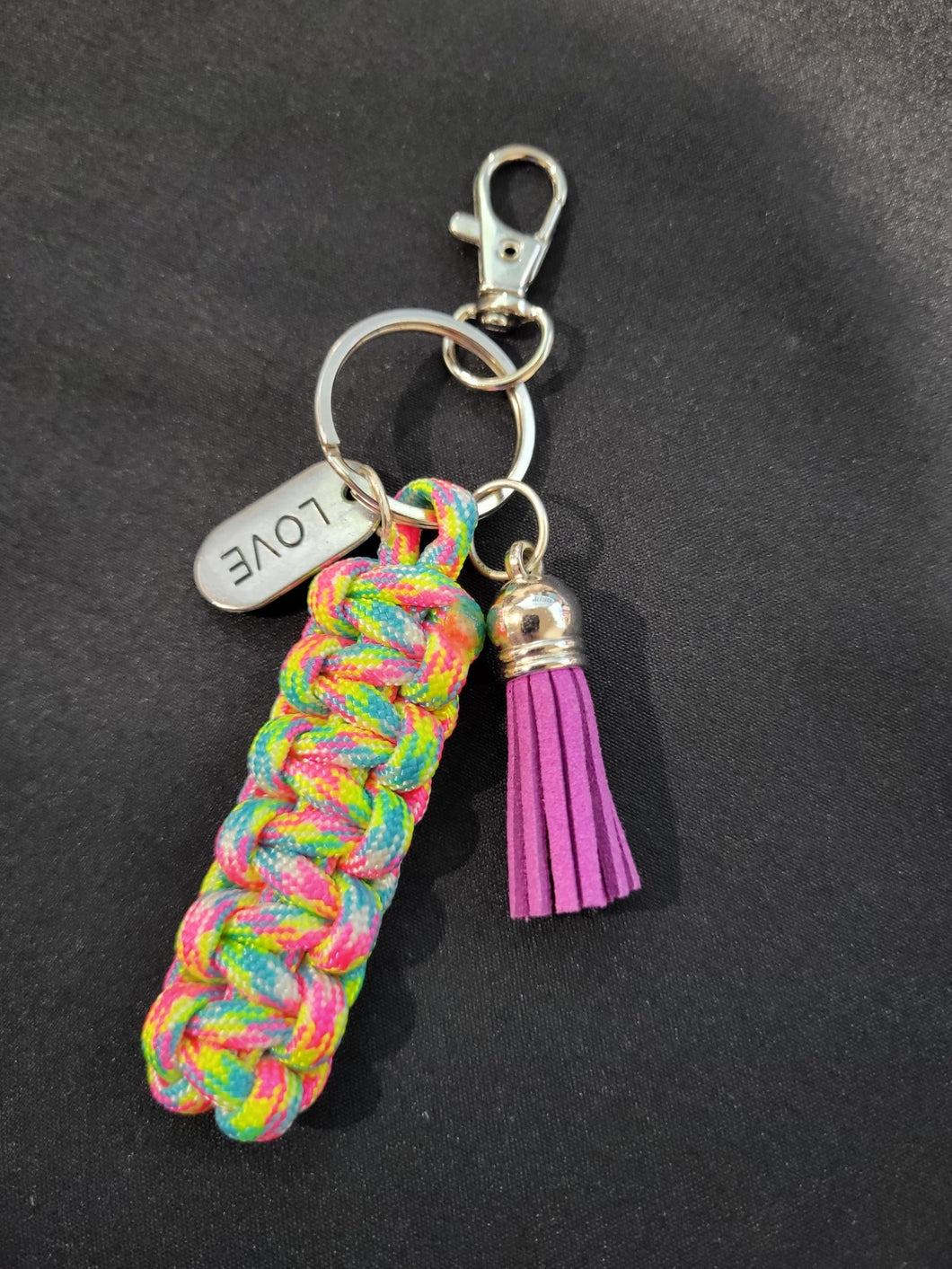 Paracord Key Chain- Neon Rainbow with Purple tassel & Love Charms