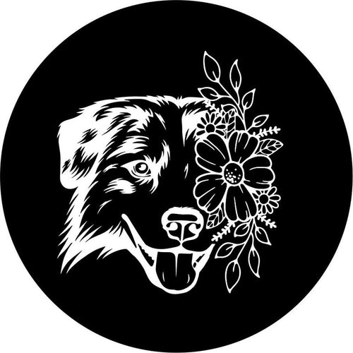 Australian Shepherd With Flowers Black Background Spare Tire Cover