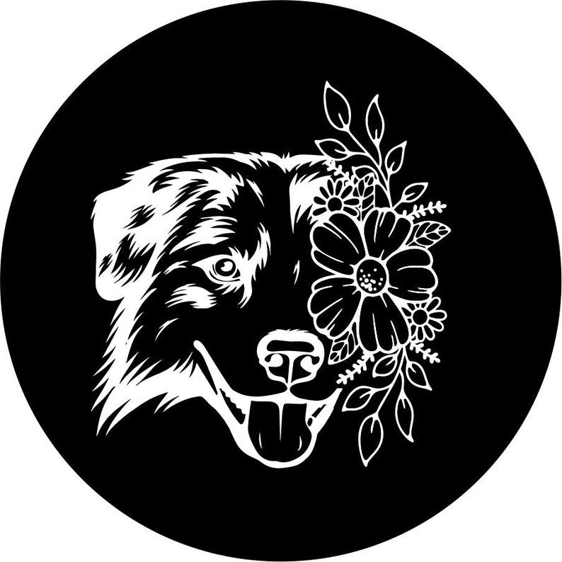 Australian Shepherd With Flowers Black Background Spare Tire Cover