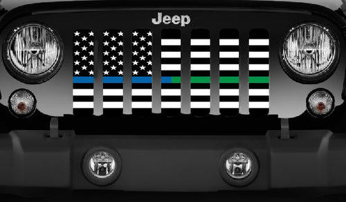 American Black and White Back the Blue and Green Jeep Grille Insert