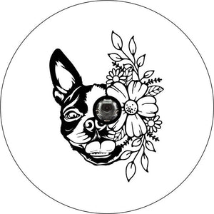 Boston Terrier With Flowers White Spare Tire Cover