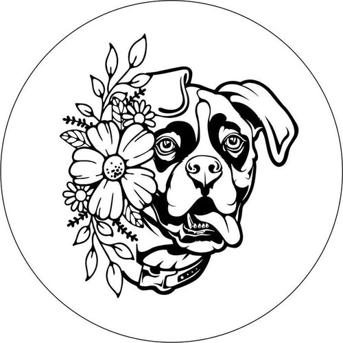 Boxer With Flowers White Spare Tire Cover