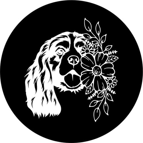 Cavalier King Spaniel With Flowers Black Spare Tire Cover