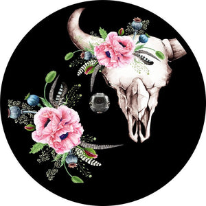 Cow Skull With Flowers Spare Tire Cover