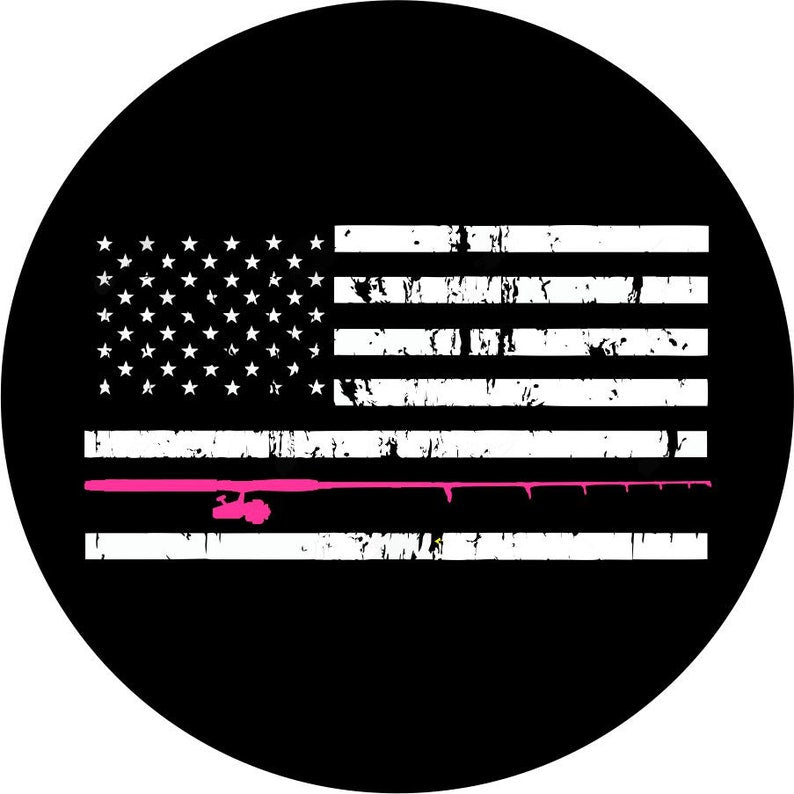 Distressed American Flag Fishing Pole Black & Pink  Spare Tire Cover