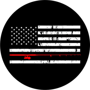 Distressed American Flag Fishing Pole Black & Red  Spare Tire Cover