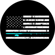 Distressed American Flag Fishing Pole Black & Teal  Spare Tire Cover