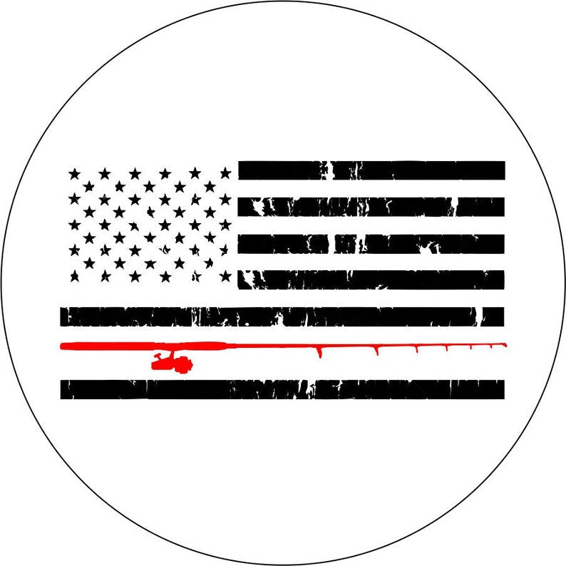 Distressed American Flag Fishing Pole White & Red Spare Tire Cover 255/75/R17 inches / JL Backup Camera Distressed American Flag Fishing Pole White & Red Spare Tire Cover 255/75/R17 inches / JL Backup Camera