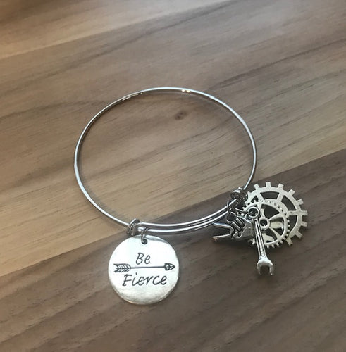 Bangle Bracelet With Gears & Charms
