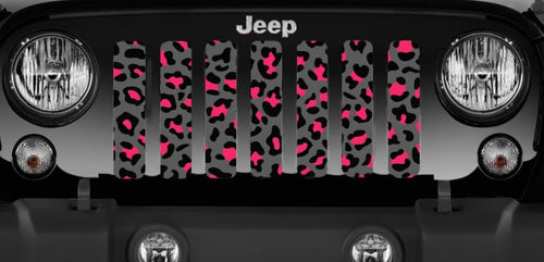 Platinum Gray and Pink Leopard Print Jeep Grille Insert