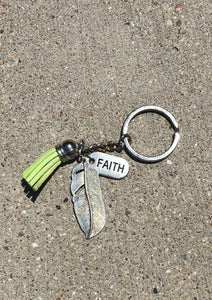 Tassel Key Chain with Charms- Lime Green with Faith and Feather Charms