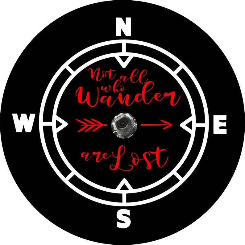Not All Who Wander Are Lost Compass Black Background & Red Spare Tire Cover