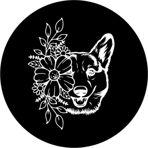 Pembroke Welsh Corgi With Flowers Black Background Spare Tire Cover