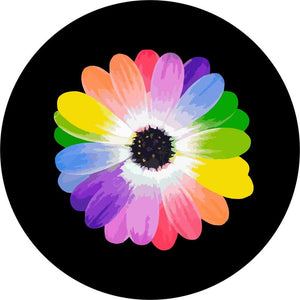 Rainbow Daisy Flower Black Spare Tire Cover