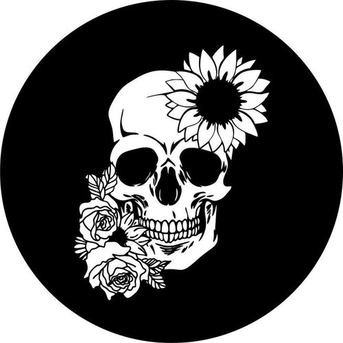 Sunflower & Rose Floral Skull Black Spare Tire Cover