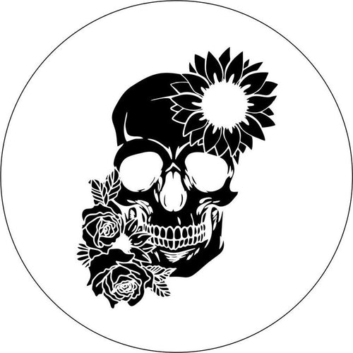 Sunflower & Rose Floral Skull White Spare Tire Cover