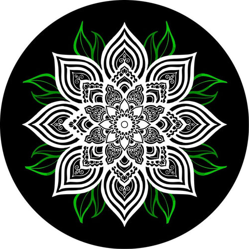 White Mandala Flower With Green Spare Tire Cover