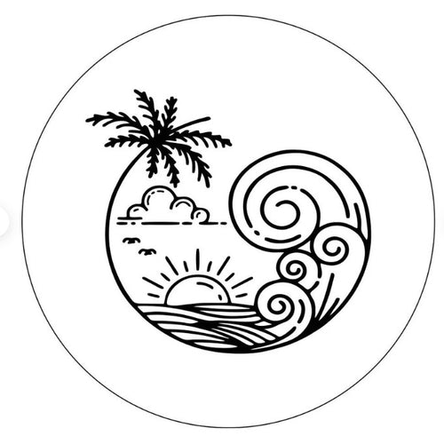 Big Wave At Sunset With Palm Tree White Spare Tire Cover