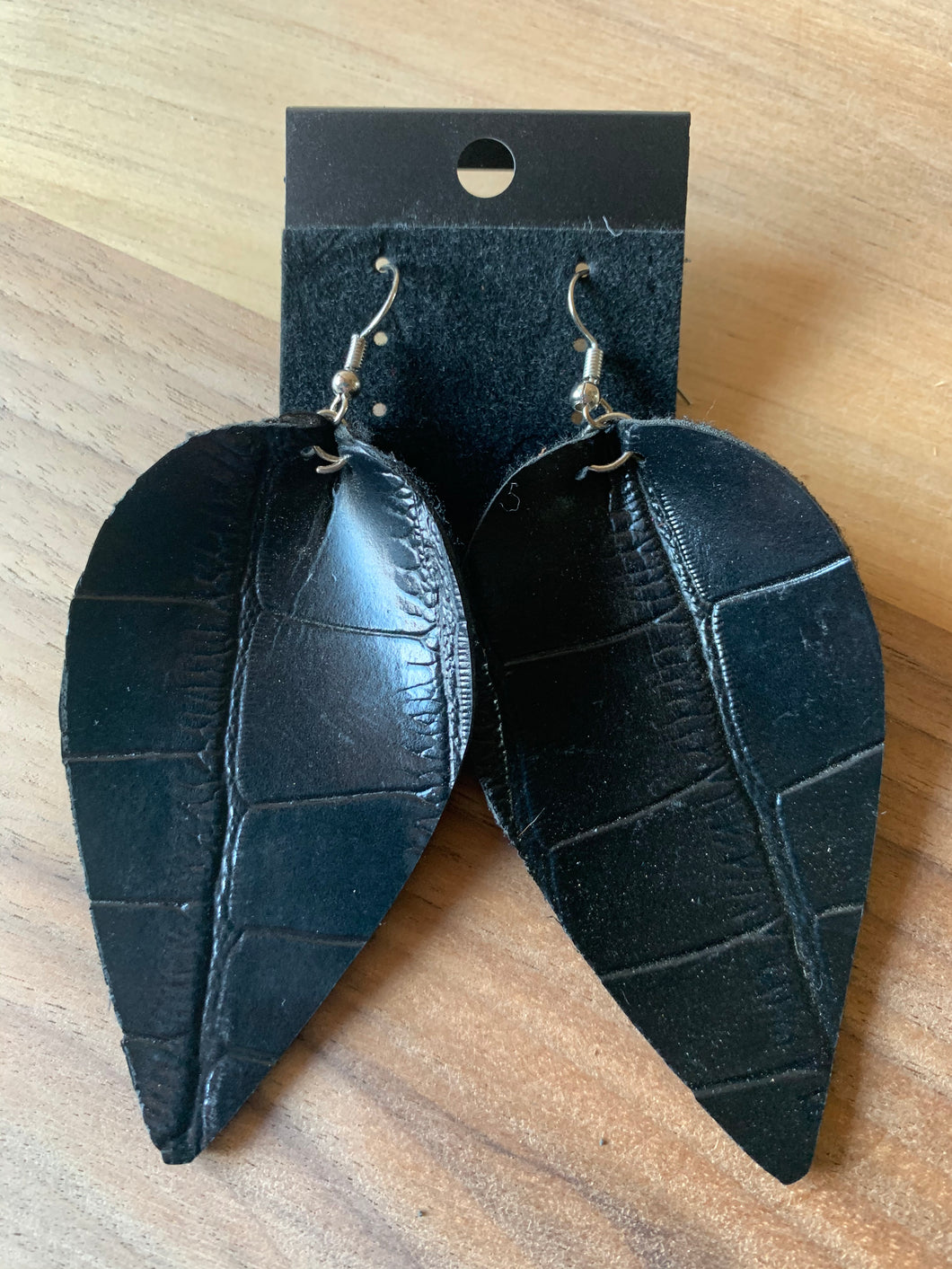 Black Faux Alligator Print Leather Earrings