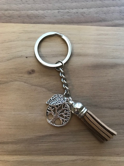 Tassel Key Chain with Charms- Brown with Tree and Leaf Charms