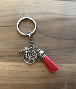 Tassel Key Chain with Charms - Coral with Cross and Tree Charms