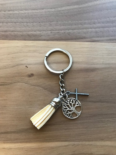 Tassel Key Chain with Charms- Cream with Tree and Cross Charms