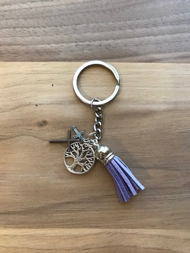Tassel Key Chain with Charms- Lavender with Tree and Cross Charms