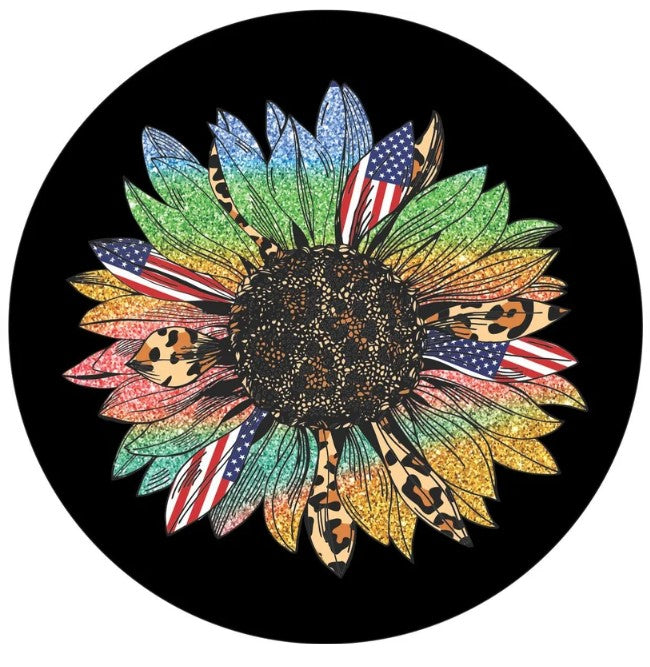 Leopard Sunflower With American Flag Spare Tire Cover