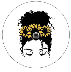 Messy Bun Girl With Sunflower White (Any Color) Spare Tire Cover