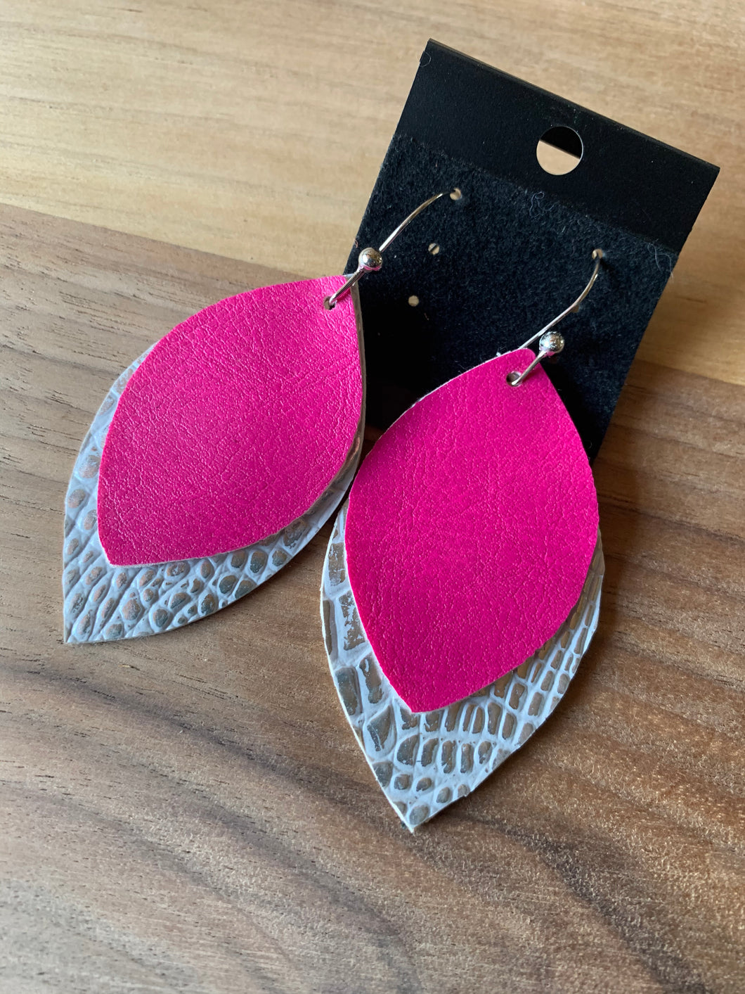Pink and Silver Faux Leather Earrings