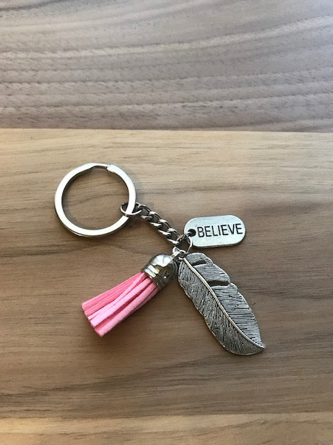 Tassel Key Chain with Charms- Light Pink with Believe and Feather Charms