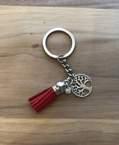 Tassel Key Chain with Charms- Red with Tree and Jewel Charm