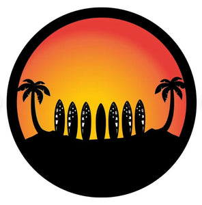 Surfboard Line Up Under Palm Trees Tire Cover