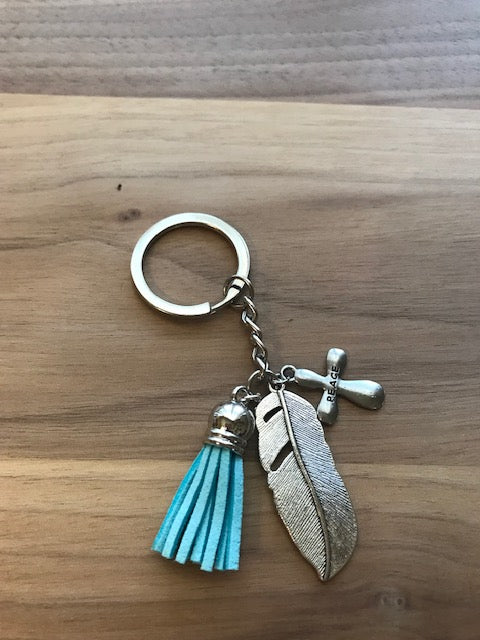 Tassel Key Chain with Charms- Teal with Cross and Feather Charms