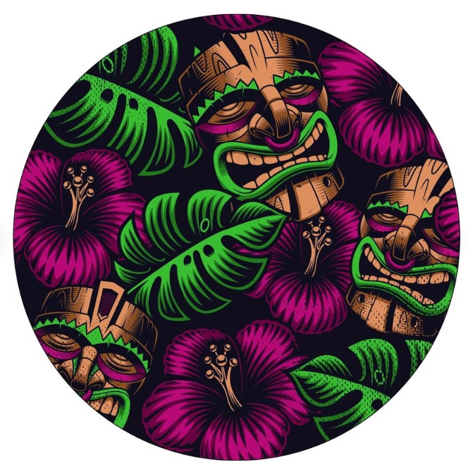 Tiki Mask With Tropical Flowers Spare Tire Cover