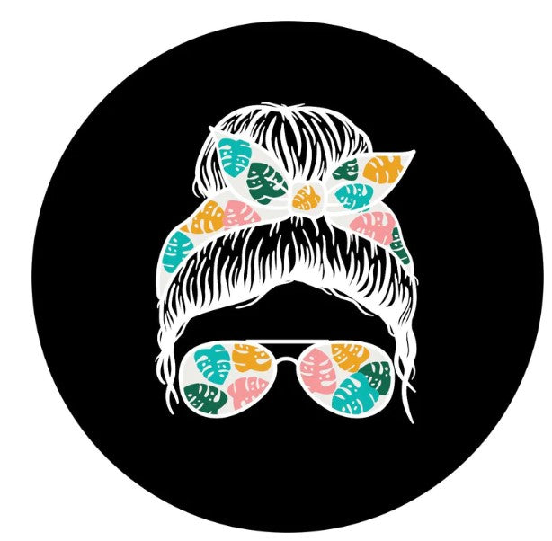 Messy Bun Tropical Girl With Sunglasses (Any Color) Spare Tire Cover