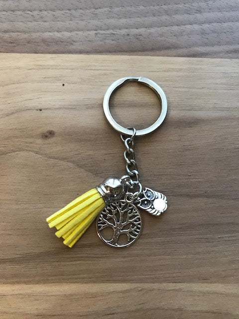 Tassel Key Chain with Charms- Yellow with Tree and Owl Charms